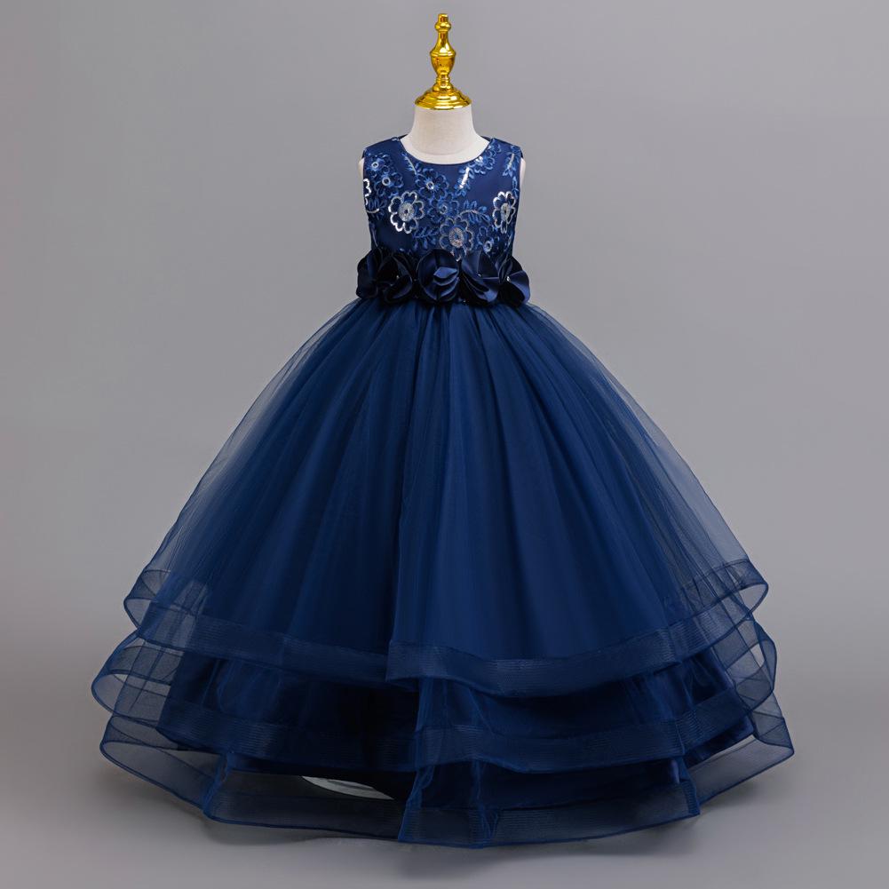 Girls' Red Embroidered Long Evening Dress - Christmas Princess & Performance Outfit