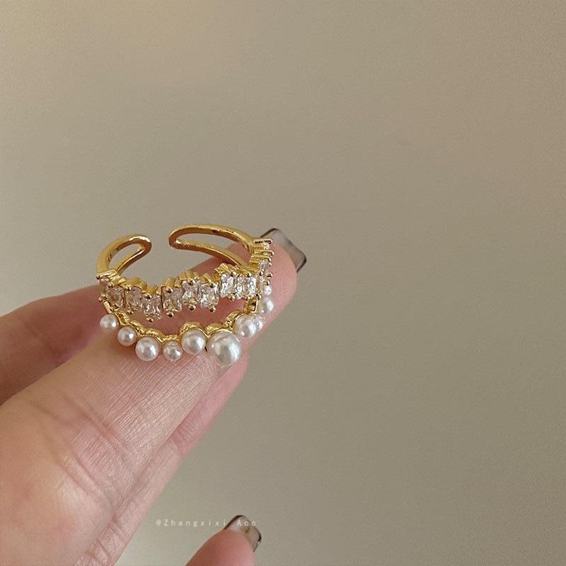 Elegant Double Layer Zircon Pearl Open Ring - Women s Fashionable and Versatile Statement Piece Adjustable