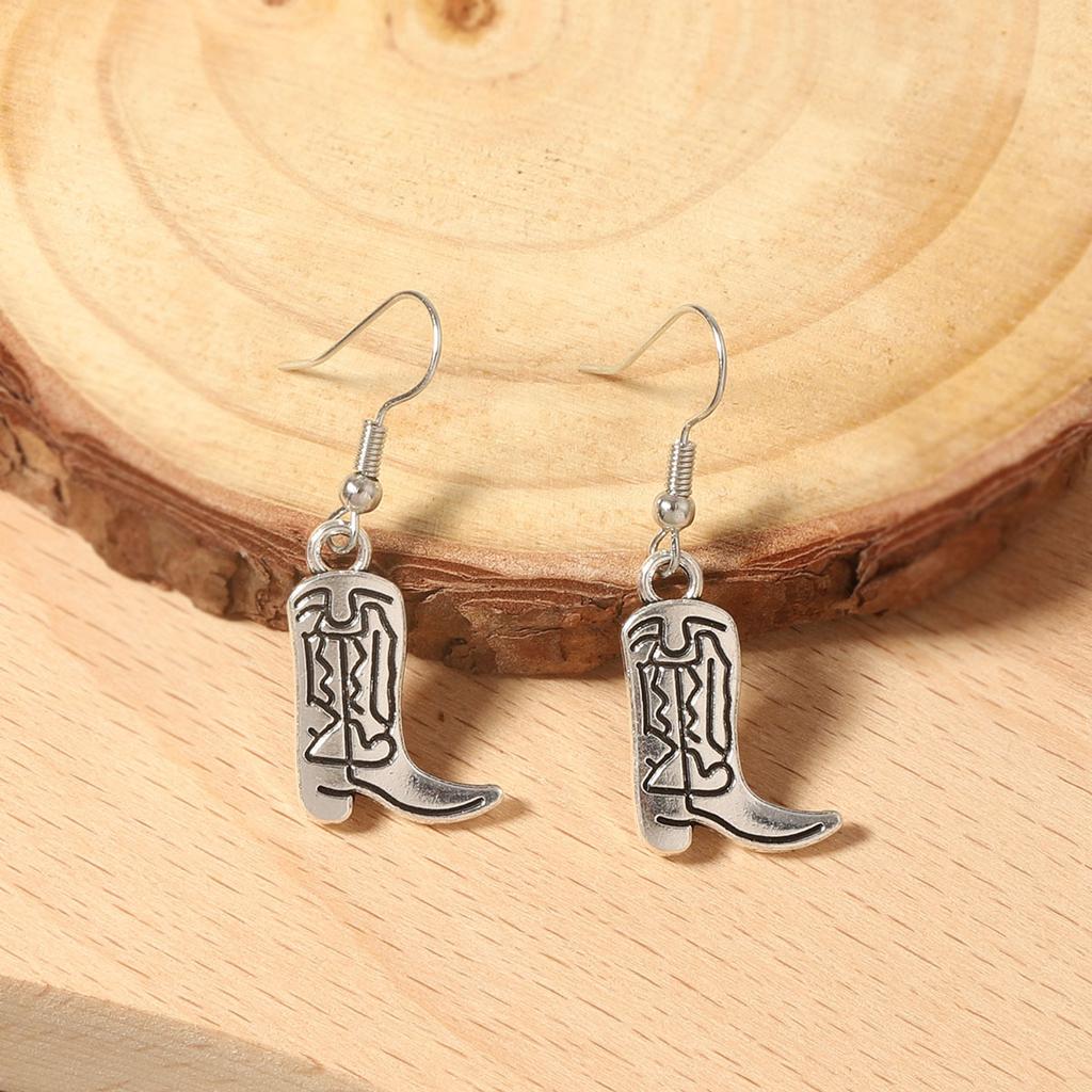 Accessories Western Cowboy Punk Vintage Antique Silver Alloy Boots Earrings Ear Hooks, Niche Women