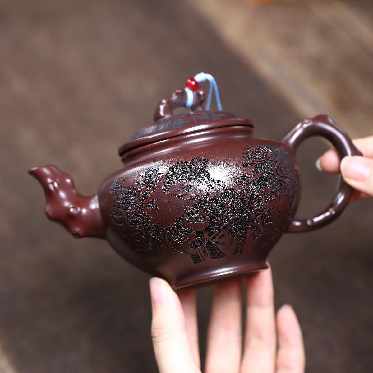 

320ml Creative Yixing Purple Clay Teapots Handmade Spring Herald Pot Raw Ore Antique Brass Mud Tea Making Kettle Zisha Tea Set