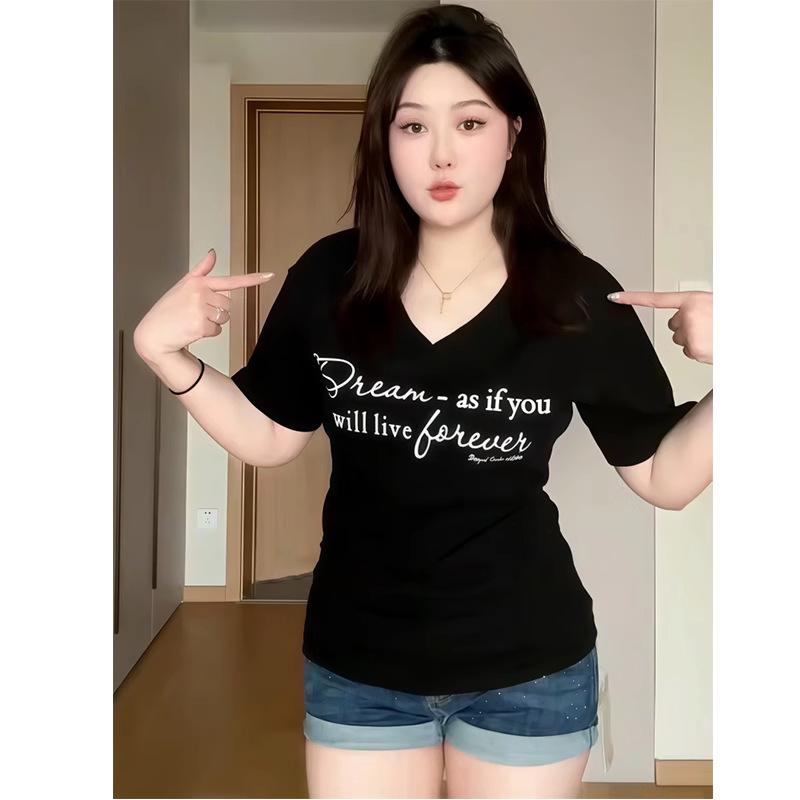 Large size fat mm Korean Spice Girl style V-neck short-sleeved T-shirt women's summer design feeling waist elastic bottoming shirt top tide