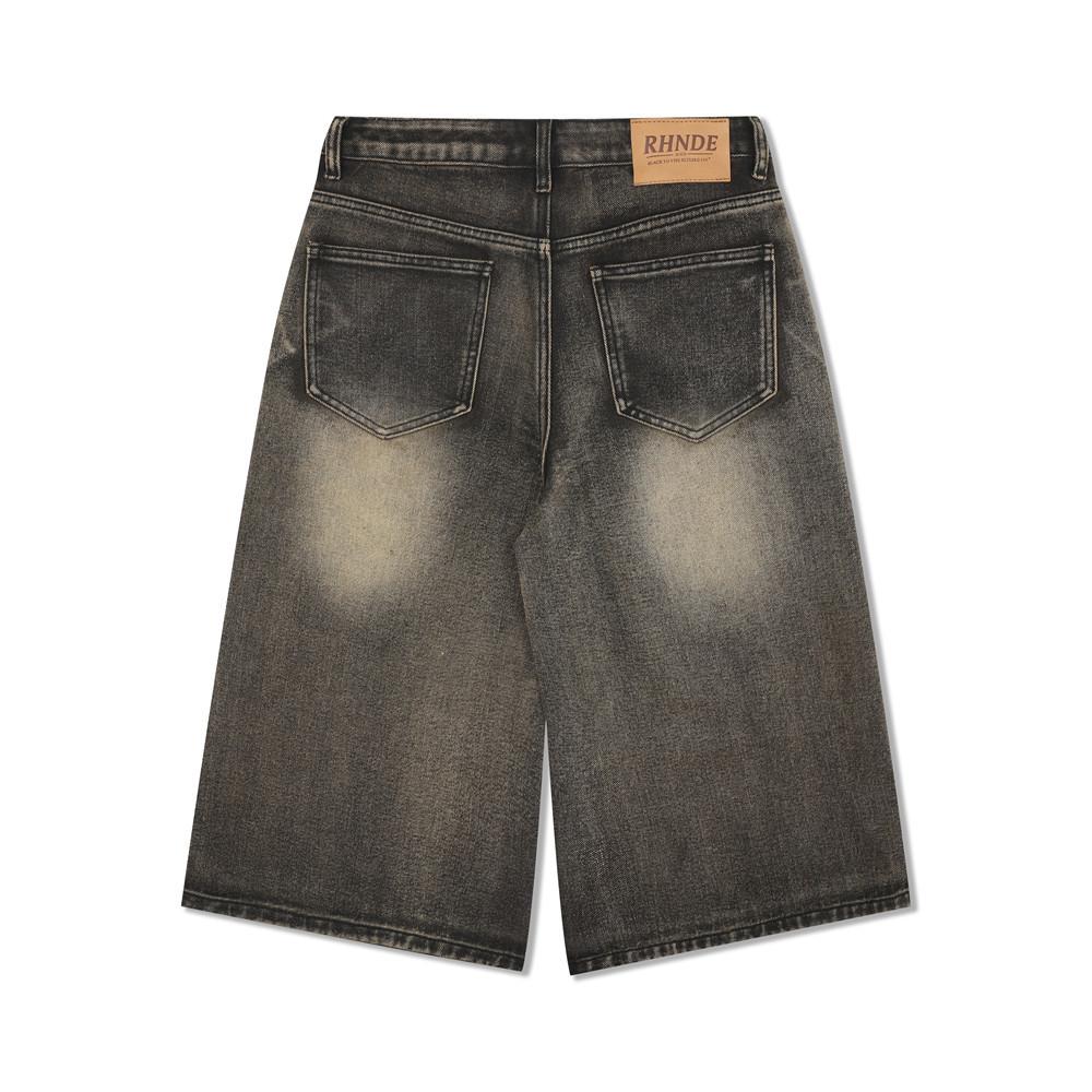 Washed and Worn Denim Shorts Men's Loose Casual Straight-leg Over-the-knee Five-point Pants Vibe Tide Brand High Street American Style