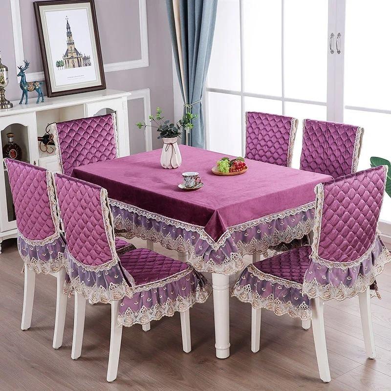 Velvet Lace Hem Table Cloth Dining Chair Cover Set Household Chair Pad Banquet Home Decor Dining Table Rectangular Tablecloth