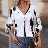 Women Black White Abstract Print V Neck Roll Tab Long Sleeve Casual Blouse