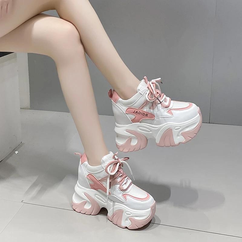 Móda 10,5CM Dámské Kožené Robustní Tenisky Nový Podzim Skryté Podpatky Ležérní Sportovní Dad Shoes Silná Podrážka Platforma Prodyšné Tenisky Žena