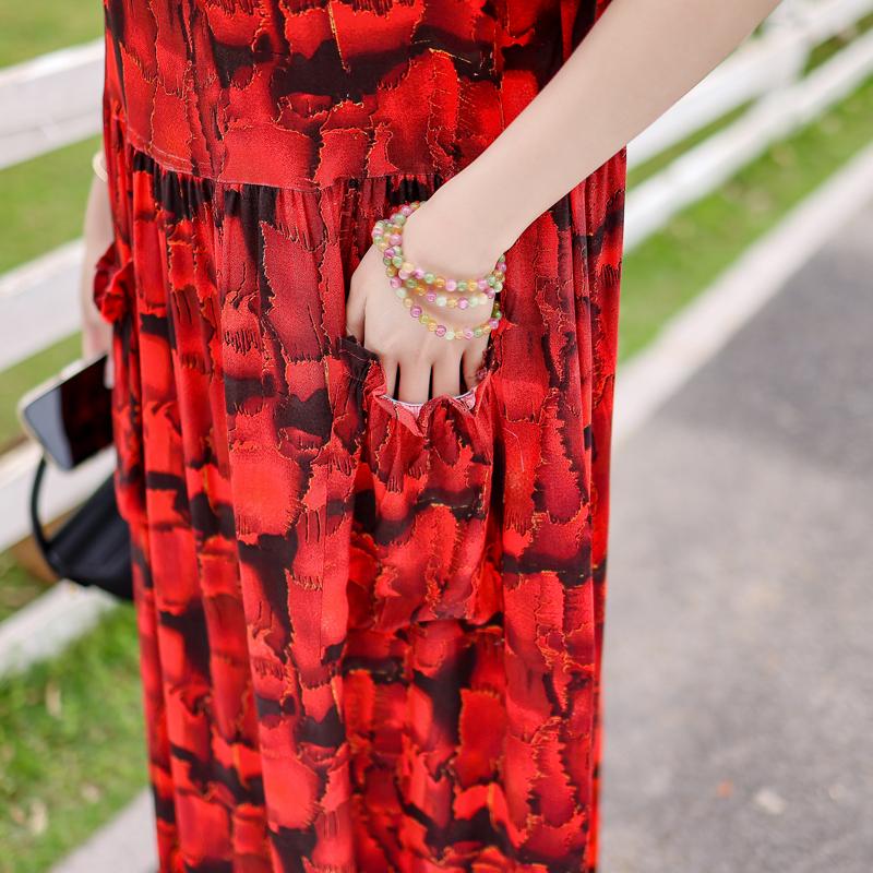 Vintage Print Lange Jurken voor Vrouwen Plus Size Korte Mouw Casual Zomerjurk Elegante Middelbare Leeftijd Dameskleding