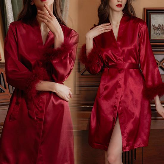 Nachthemd für Damen, Kunstpelzbesatz, verstellbare Taille, Krawatte, Satin, V-Ausschnitt, Kunstseide, einfarbig, Nachtwäsche für Partys, Hochzeiten, Braut, Brautjungfer, Morgenmantel