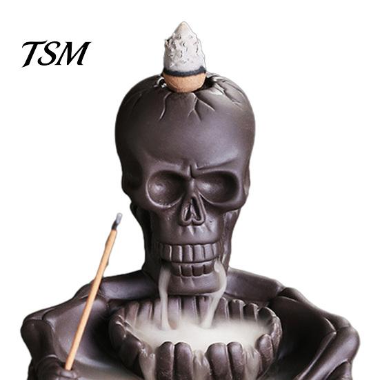 Meditation Tea Room Accessories Skeleton Incense Burner, Backflow Waterfall Cone Holder, Gothic Skull Creative Smoke Stick Holder for Halloween