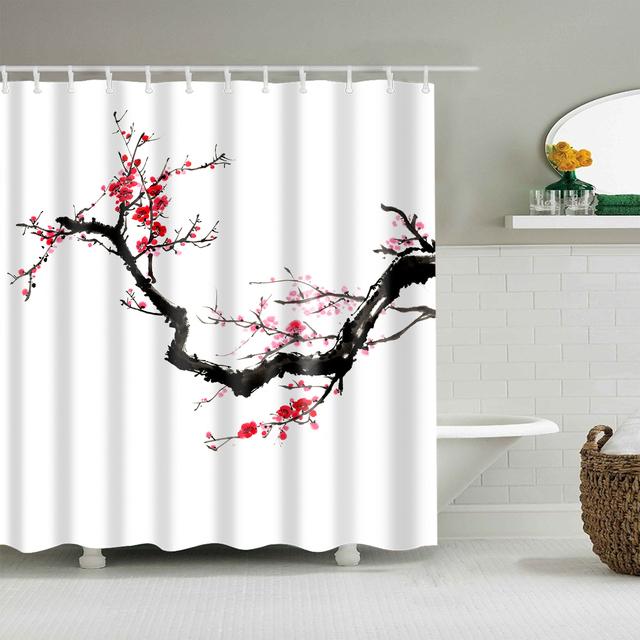 Japanese Style Cherry Blossoms Red Rose Shower Curtains Bathroom Curtain Frabic Waterproof Polyester Bathroom Curtain with Hooks
