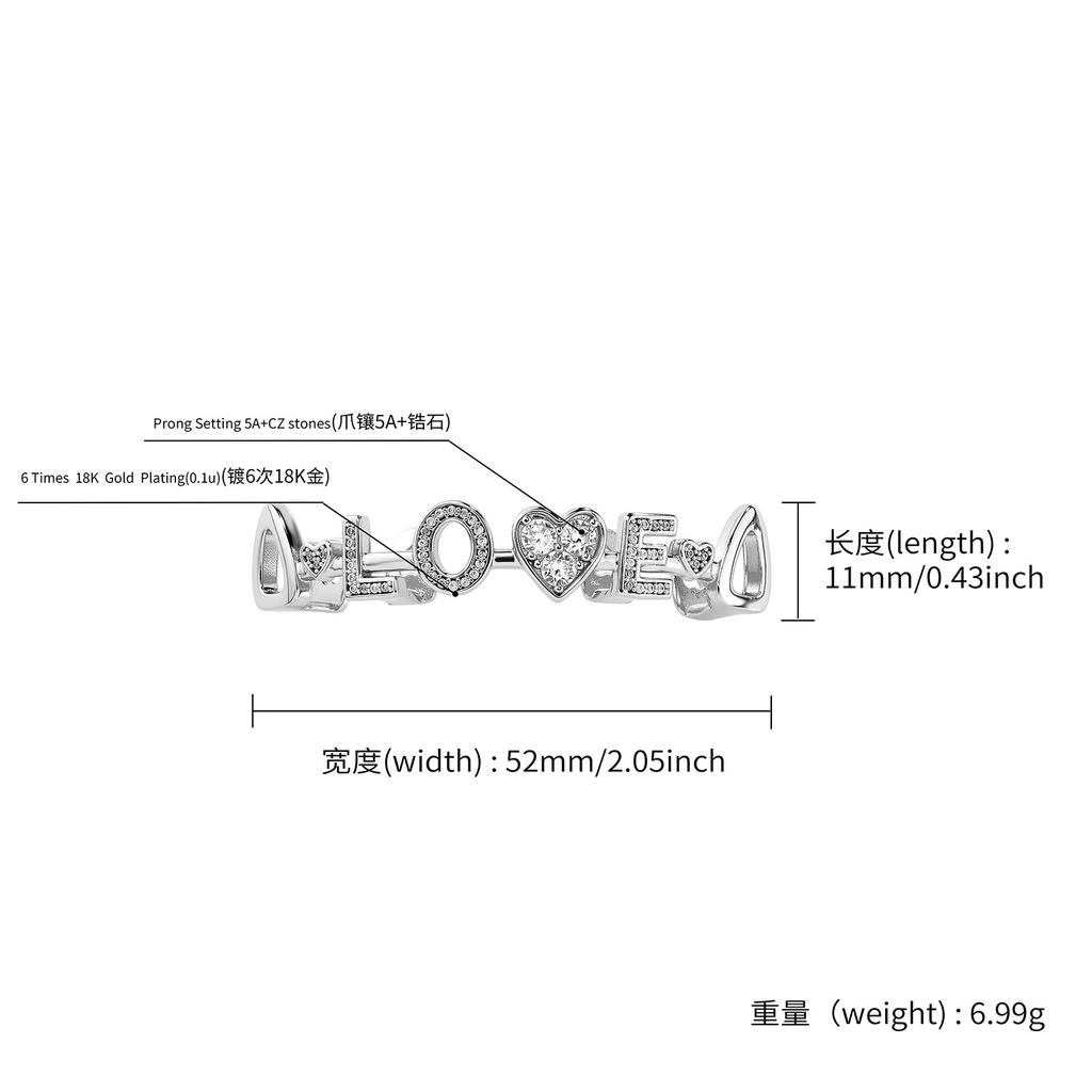 Hip Hop Fashion Silver Teeth Letter Love Full Diamond Zircon Braces Rap Accessories