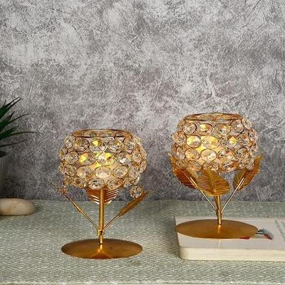 Gold Plated Crystal Candle Holder Tea Light Stand Home Office Living Room Centerpiece Decoration (1 Box)
