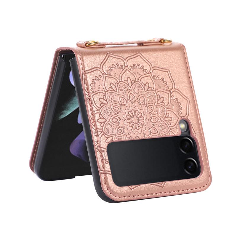 Mandarava Flower Crossbody Case for Samsung ZFlip7/6/5/4 - Foldable Screen Protective Cover with Lanyard