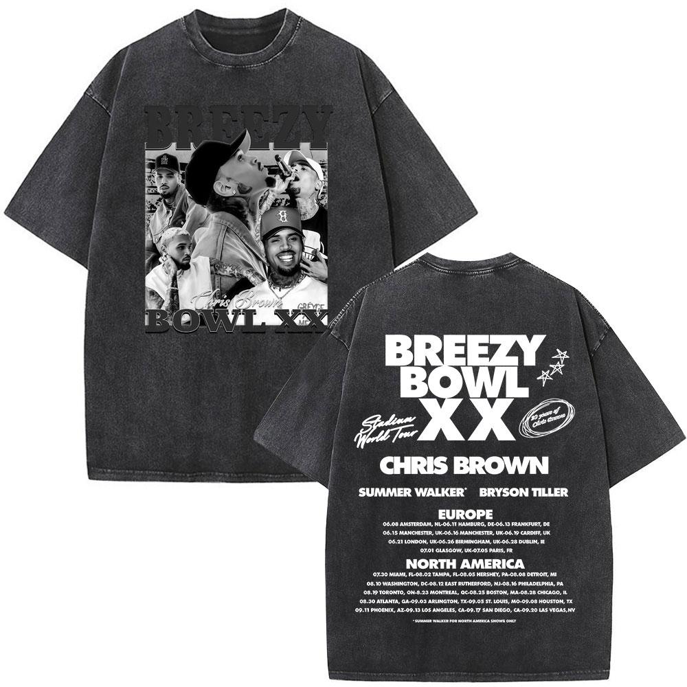 Rapper Chris Brown Breezy Bowl XX Tour 11:11 Vintage Washed T-Shirt Herren Damen Mode Hip Hop T-Shirts Baumwolle Oversized T-Shirts