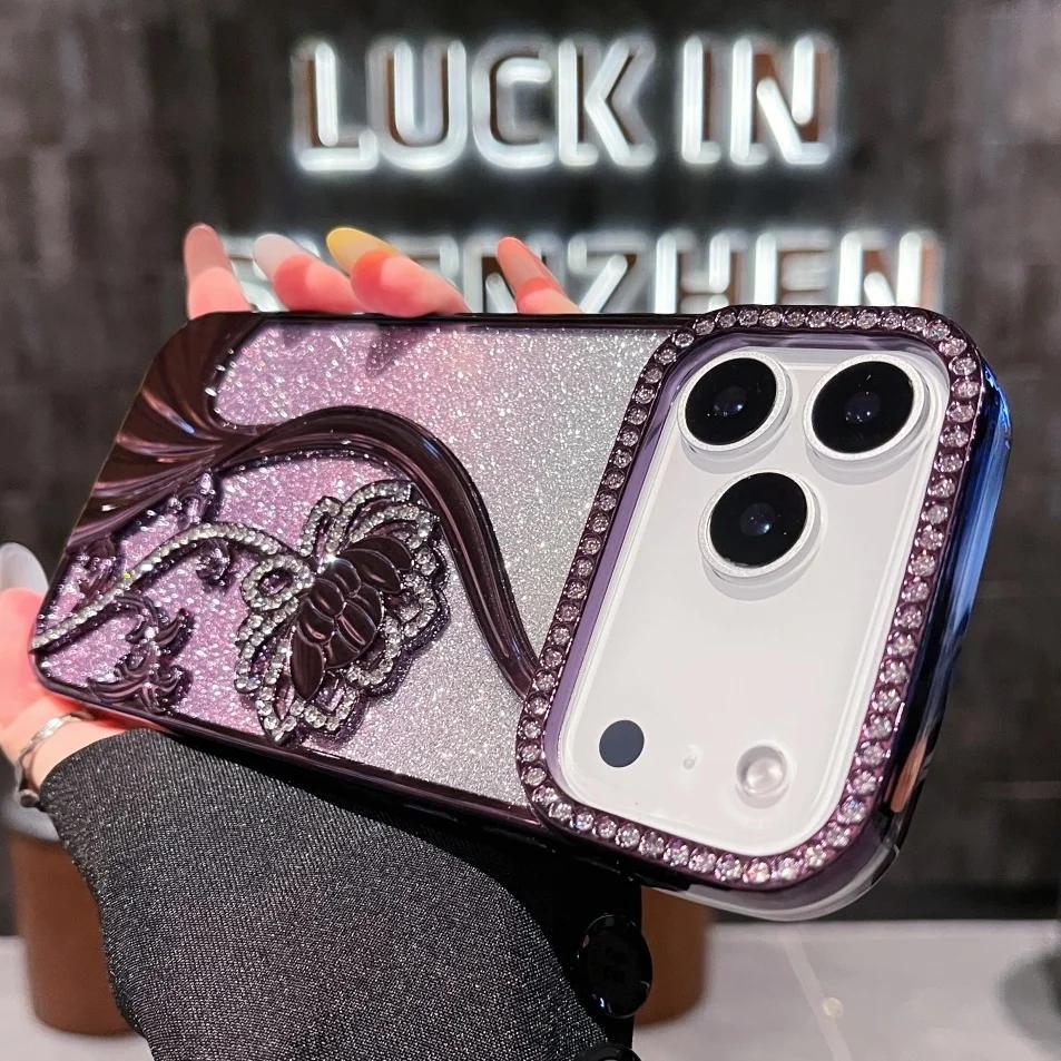 Gradient Glitter Phone Cover for Apple IPhone 12 13 14 15 16 17 Pro Max Air Plus Diamond Flowers Plating Luxury Cases Women