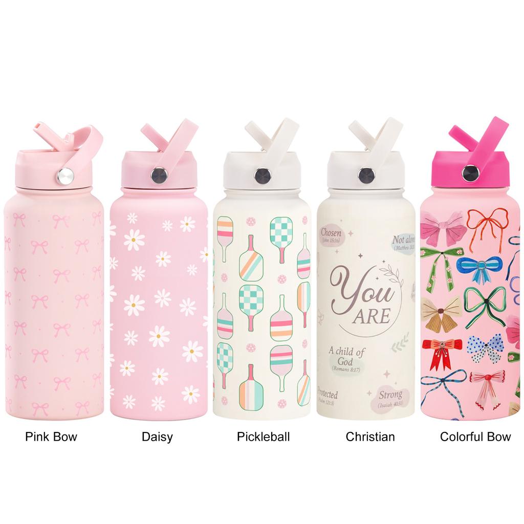 1L Insulated Water Bottle with Flip Straw and Handle Pink Bow Thermal Flask Wide Mouth Stainless Steel for Travel Gym and School