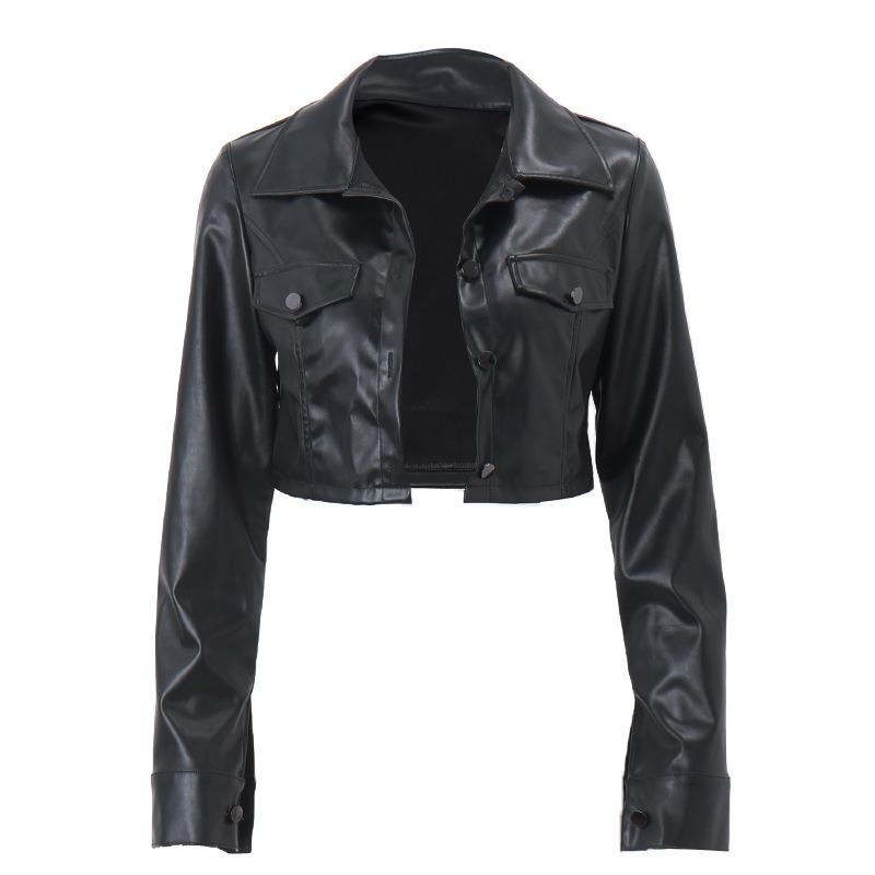Women's Winter Explosions Maillard Style Personalized Lapel Buckle Umbilical PU Leather Cardigan Jacket