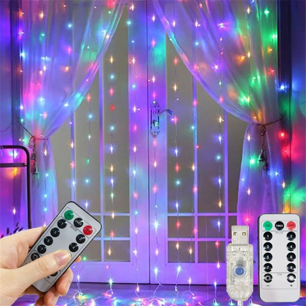 Lumini LED tip perdea cu USB, inclusiv telecomandă, 8 moduri de iluminare, decorațiune nuntă, casă, dormitor, ghirlandă luminoasă de Crăciun