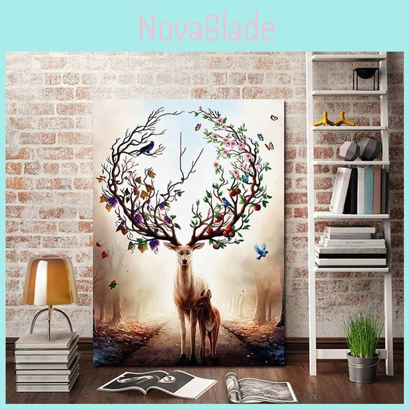 Modern Nordic Style Canvas Art With Deer And Tree Illustration For Living Room Decor