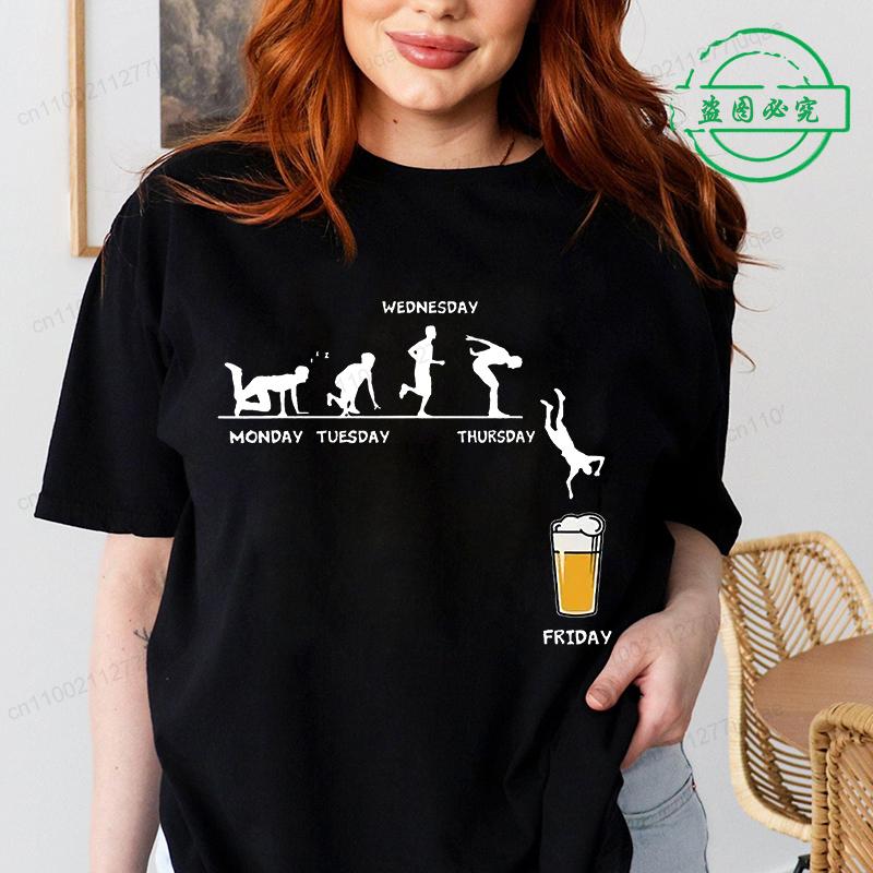 Women T Shirt Monday To Friday Drink Beer Funny Sports Fashion Casual T-shirt Skeleton FRIDAY Beer Graphic Tshirts Women Clothes