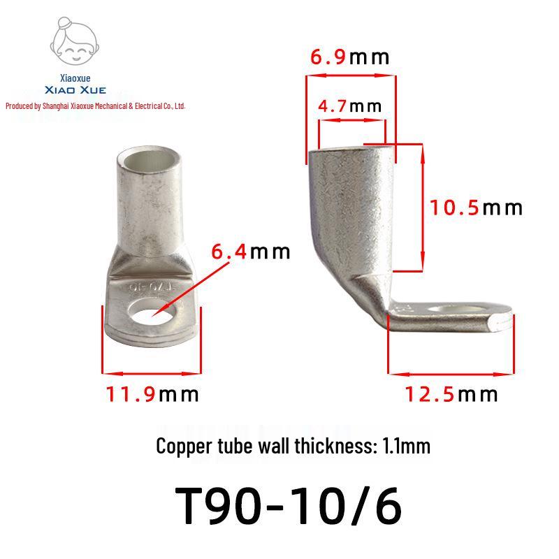 T90 Copper Tube Terminal, 90-Degree Right-Angle Bend Crimp Lug, T90-6/5 to T90-240/16 Copper Wire Lug