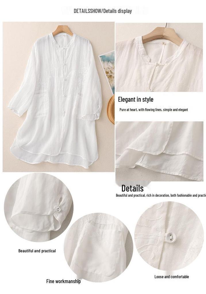 3229 Women's Cotton Linen Embroidered Oversized Sun Protection Shirt - Lightweight & Breathable, Retro Seven-Sleeve Summer Style
