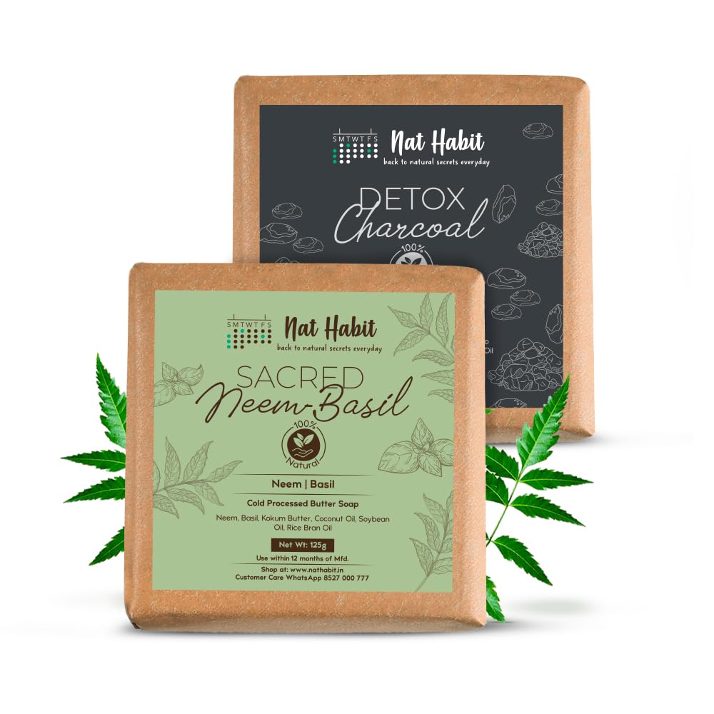 

Nat Habit Charcoal & Neem Butter Bath Soap Combo | Cold-Processed Soaps with Activated Charcoal, Ginger & Neem Actives | Tan Removal, Pore Purificatio