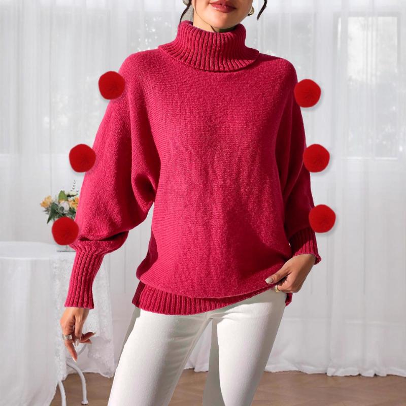 

Women s Base Layer Autumn Winter Bat Sleeve Top Red Pom-pom Stitching Turtleneck Pullover Sweater S червоний