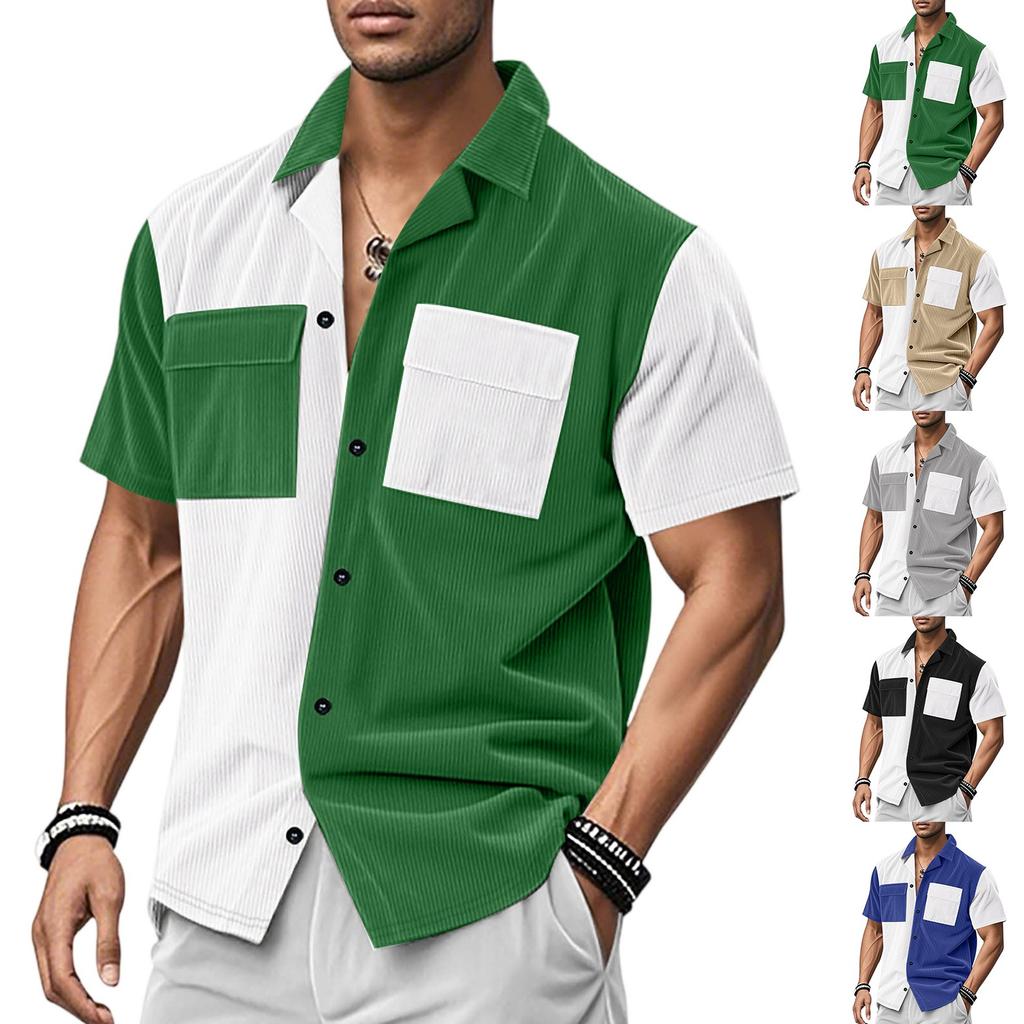 Men's Solid Color Classic Loose Linen Carburean Stand-up Collar Short-sleeved Sporty Casual Shirt Top