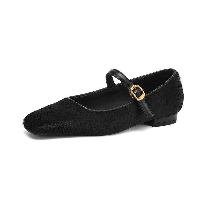 Fashion New women's genuine leather, cowhide, horsehair, square head metal belt buckle, low heel, plus size Mary Jane shoes, single shoe