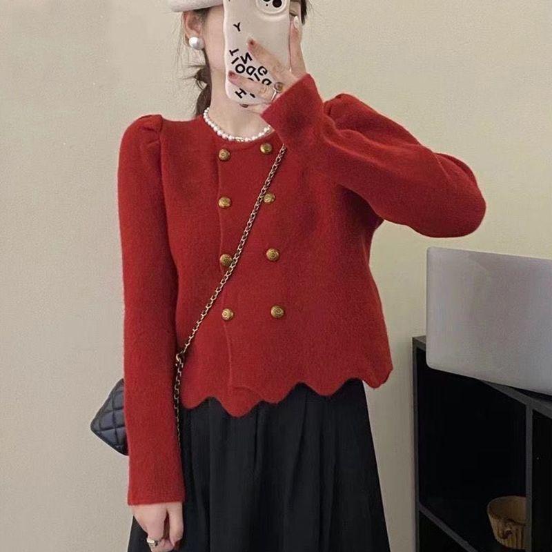 Design cu margini ondulate la două piept pentru tricotaje de toamnă și iarnă, cardigan cu temperament, jachetă de tricotaj pentru femei