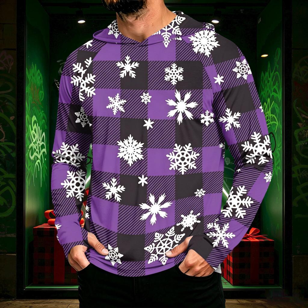 Men's Long Sleeve Hooded Sun Shirt with Christmas Print for Casual Daily Wear