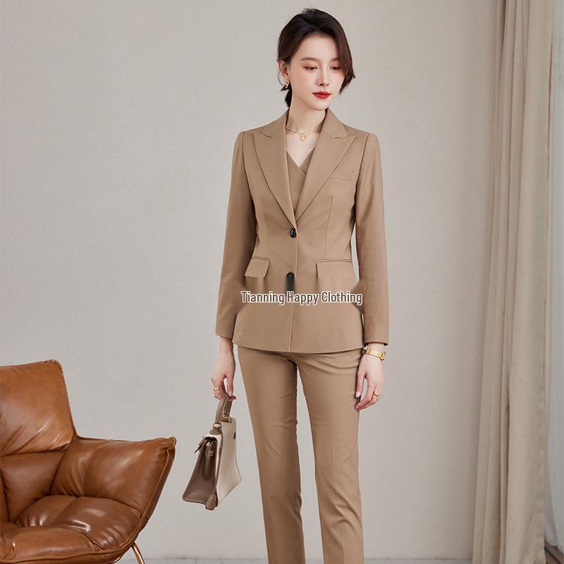Khaki Professional Women's Three-Piece Suit Set - Commuter Style Formal Vest for Autumn/Winter
