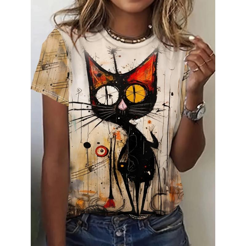 Summer Round Neck 3D Funny Cartoon Animal Print Top Fashionable Casual Short Sleeved Women's T-shirts