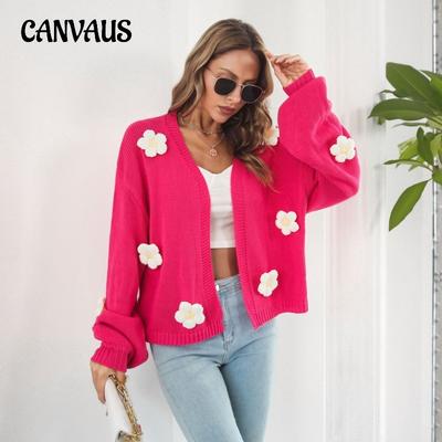 Autumn and Winter Women's Sweater Three-dimensional Embroidery Flowers Lantern Sleeve Loose Knitted Cardigan