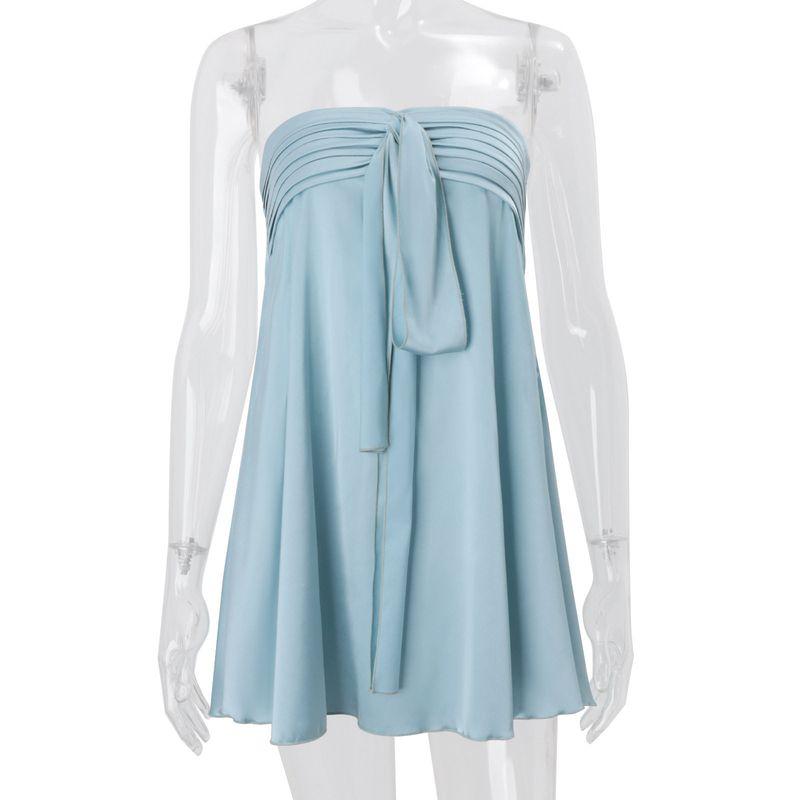 

European and American Women s Clothing 2026 Spring New Fashion Hot Girl Street Style Satin Tube Top Strapless Solid Color Sleeveless Dress Blue S
