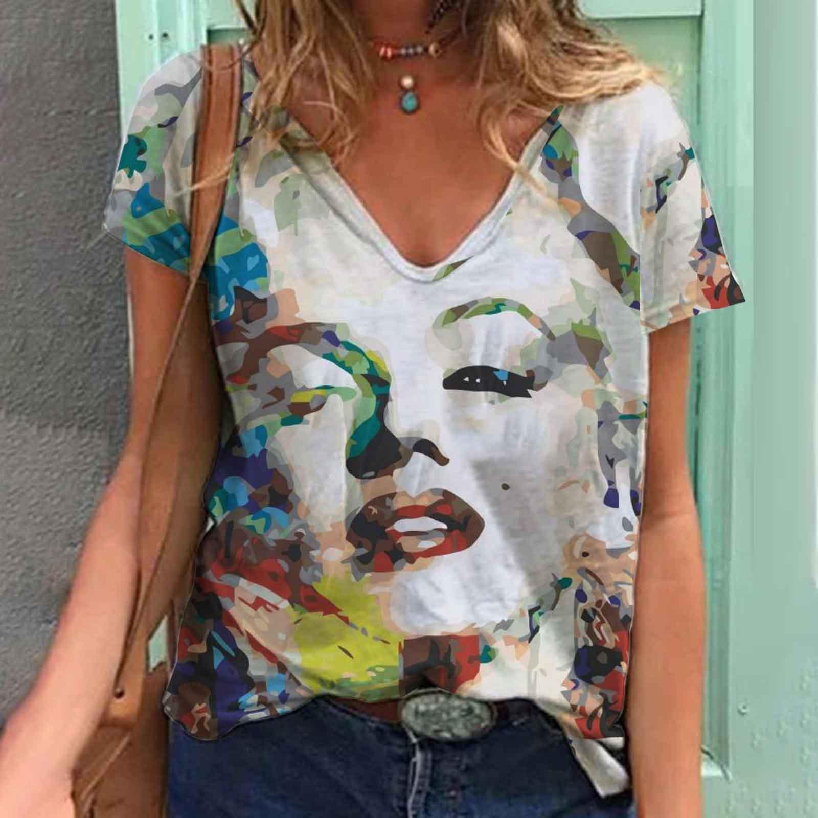

Футболки Streetwear с 3D-принтом, разноцветные, с портретом и V-образным вырезом, женская футболка во французском стиле XXL