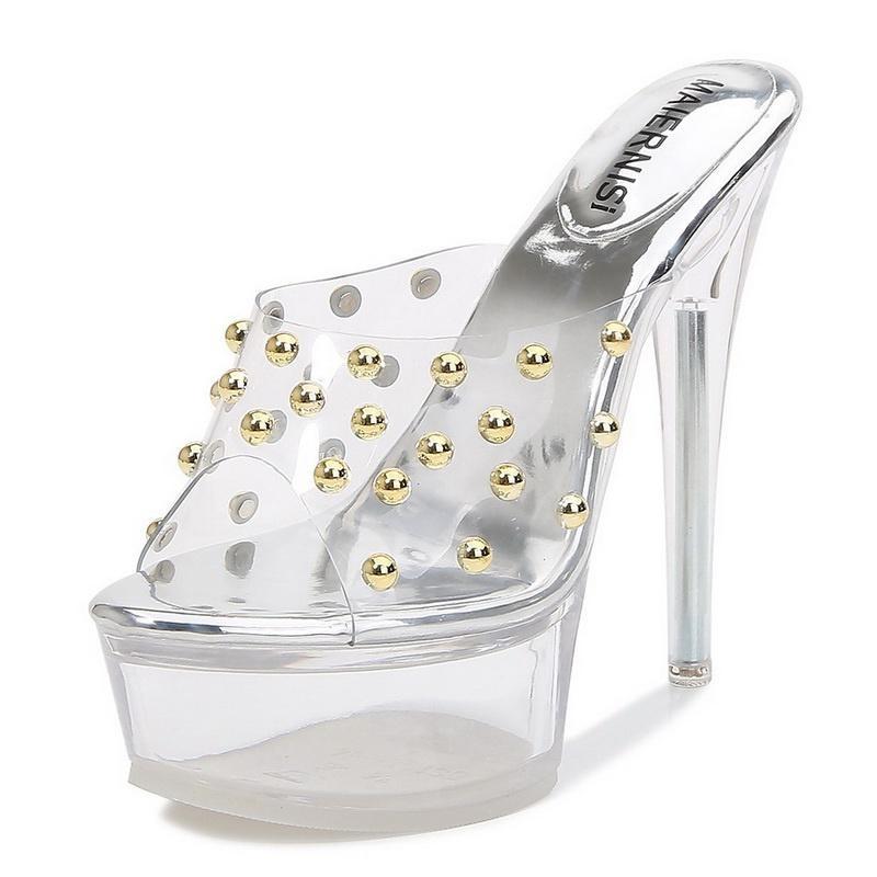 Women Rivet Crystal High Thin Heel Sandals Transparent Platform Slide Sandals for Office Wedding Party Banquet Nightclub Pub OL