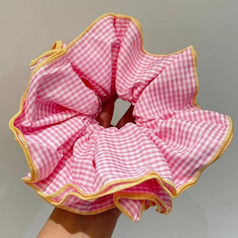 Retro Colorful Lattice Ruffles Hair Scrunchies Headbands for Womens Girls Sweet Romance Hair Rope Rubber Band Hair Accessories