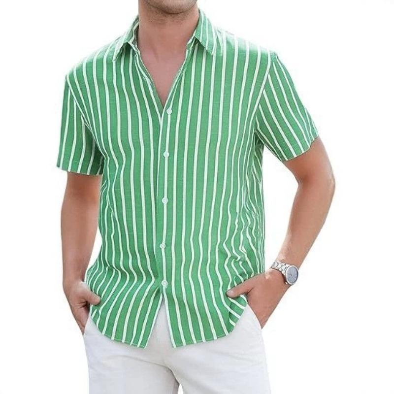 Men Vertical Stripe Lapel Short Sleeve Linen Blend Button Down Shirt