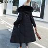 BITCED Winter Fashion Plus Size Cotton Coat for Women Long Waist-cinched Knee-length Thickened Coat with Large Fur Collar