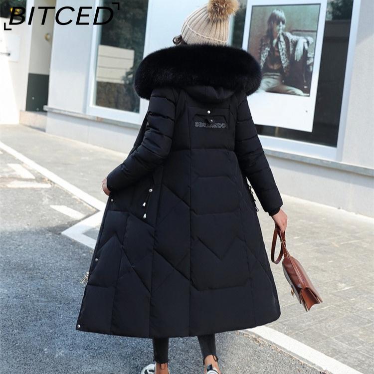 BITCED Winter Fashion Plus Size Cotton Coat for Women Long Waist-cinched Knee-length Thickened Coat with Large Fur Collar
