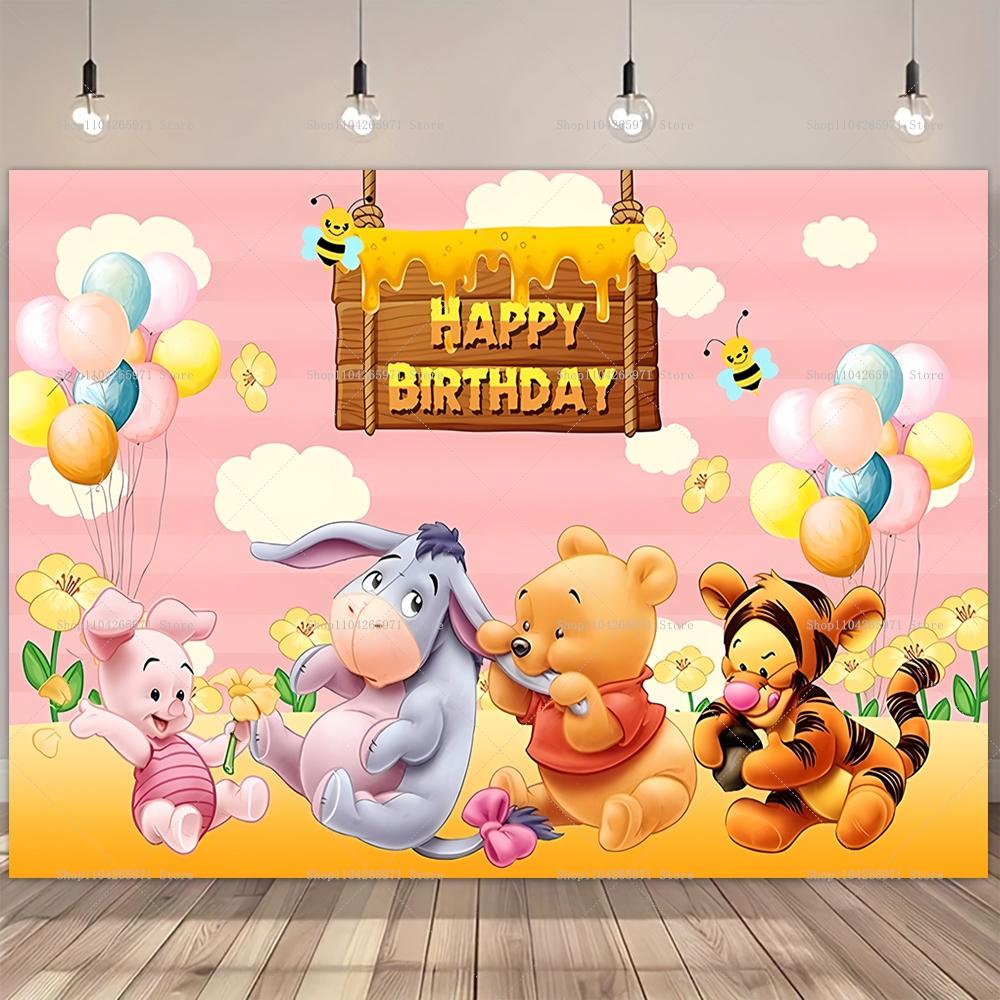 Winnie The Pooh Backdrop Kids Birthday Decoration Background Bear Friend Tiger Vinyl Polyester Photography Decor Props