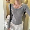 Gentle and Sweet Wind Lace Long-sleeved T-shirt Women's Spring New Korean Slim-fitting Thin Gray Top