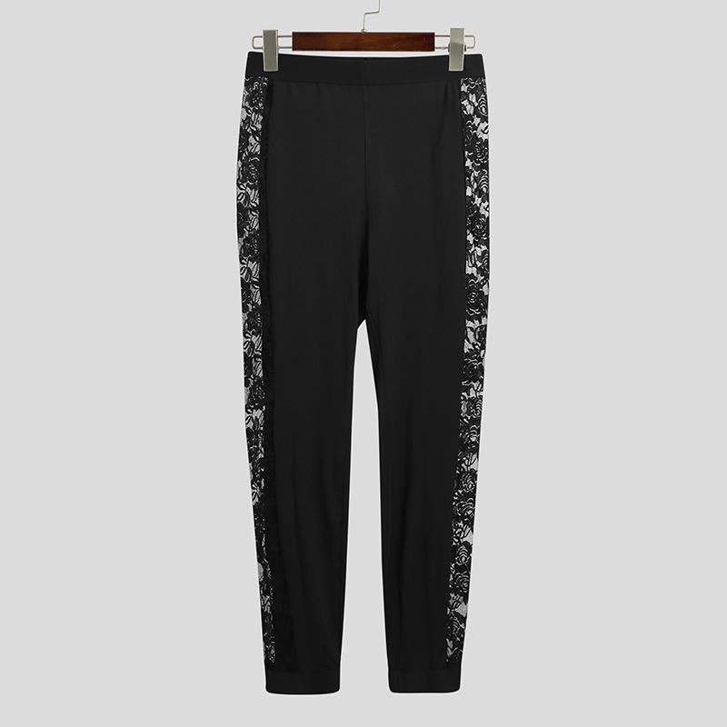 

INCERUN Men High Waist Lace Patchwork Skinny Leggings Long Pants Home Wear XL чорний