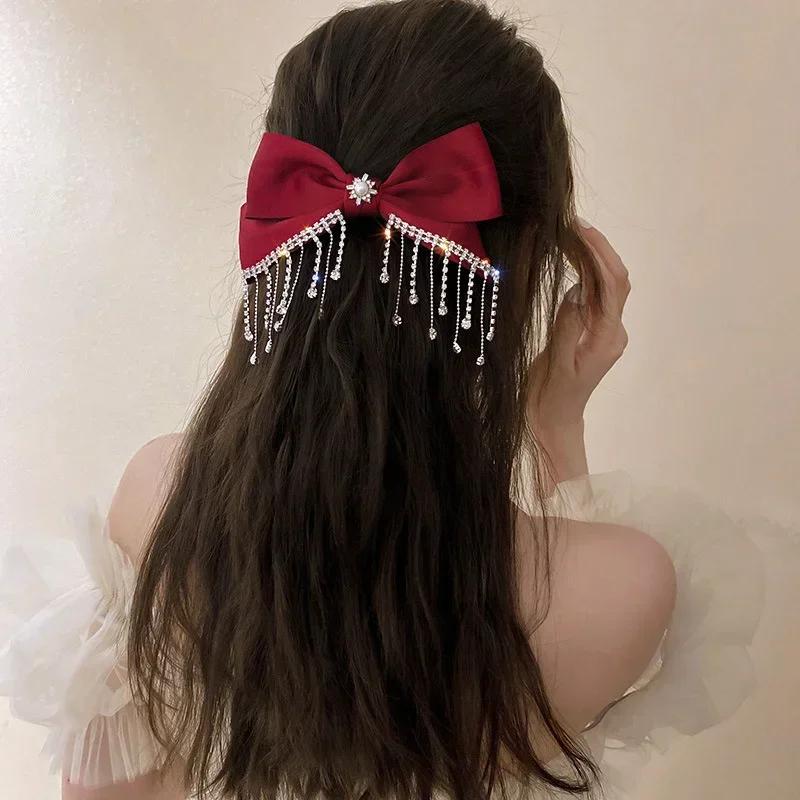 Newest Fashion Korean Style Bow Rhinestone Tassel Satin Hair Clip Wedding Party Personalized Styling Accessories Creative Gifts