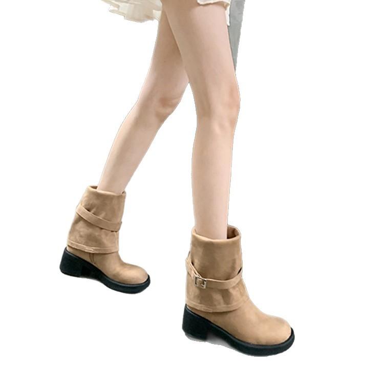 Sheepskin Version~ Skinny and Folded Two Pairs of Boots, Thigh Circumference High Knight Boots, Women's Thick-soled Belt Buckle Round Head Boots