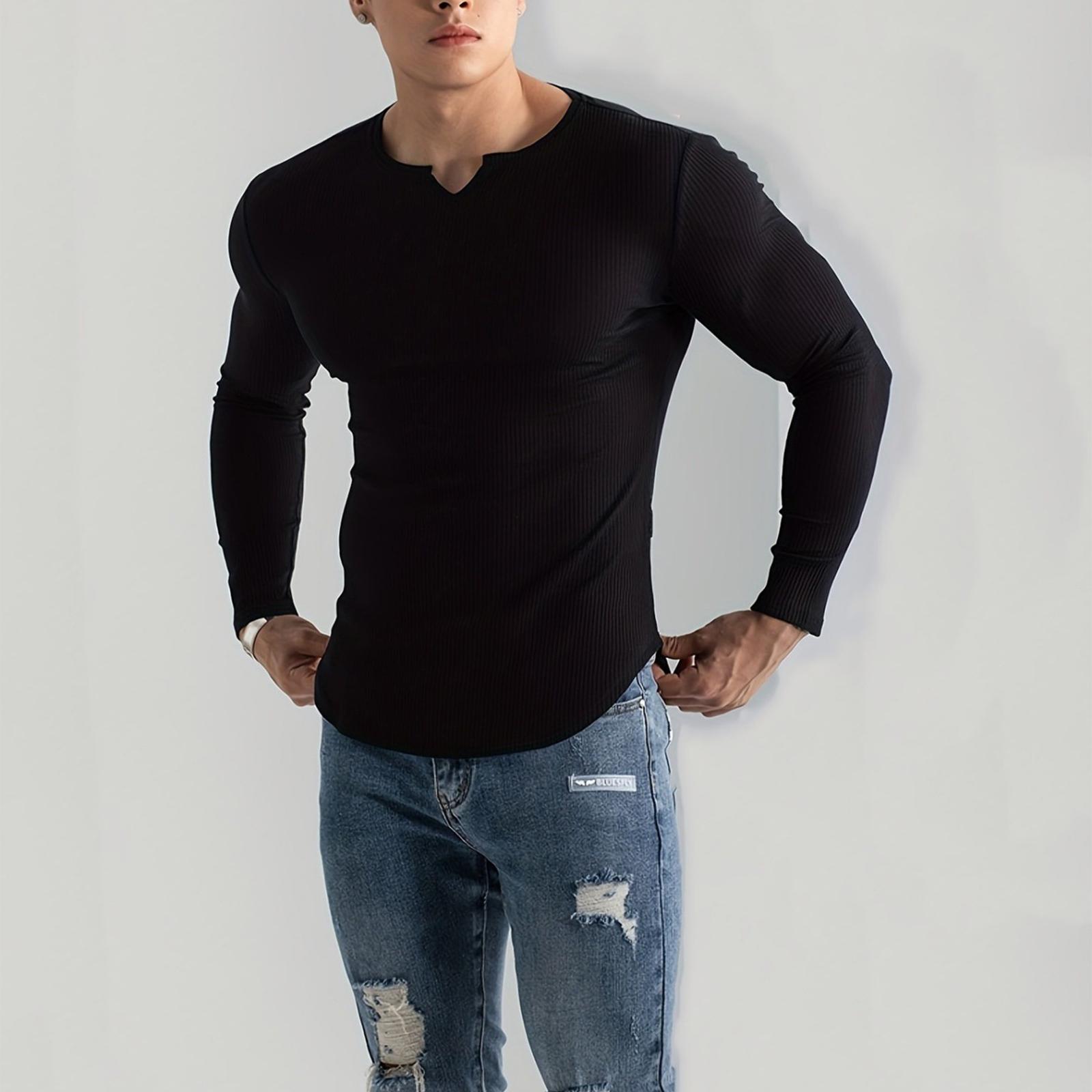 

Men s V-neck T-shirt Solid Color Casual Sports Fashion Long Sleeve L чёрный