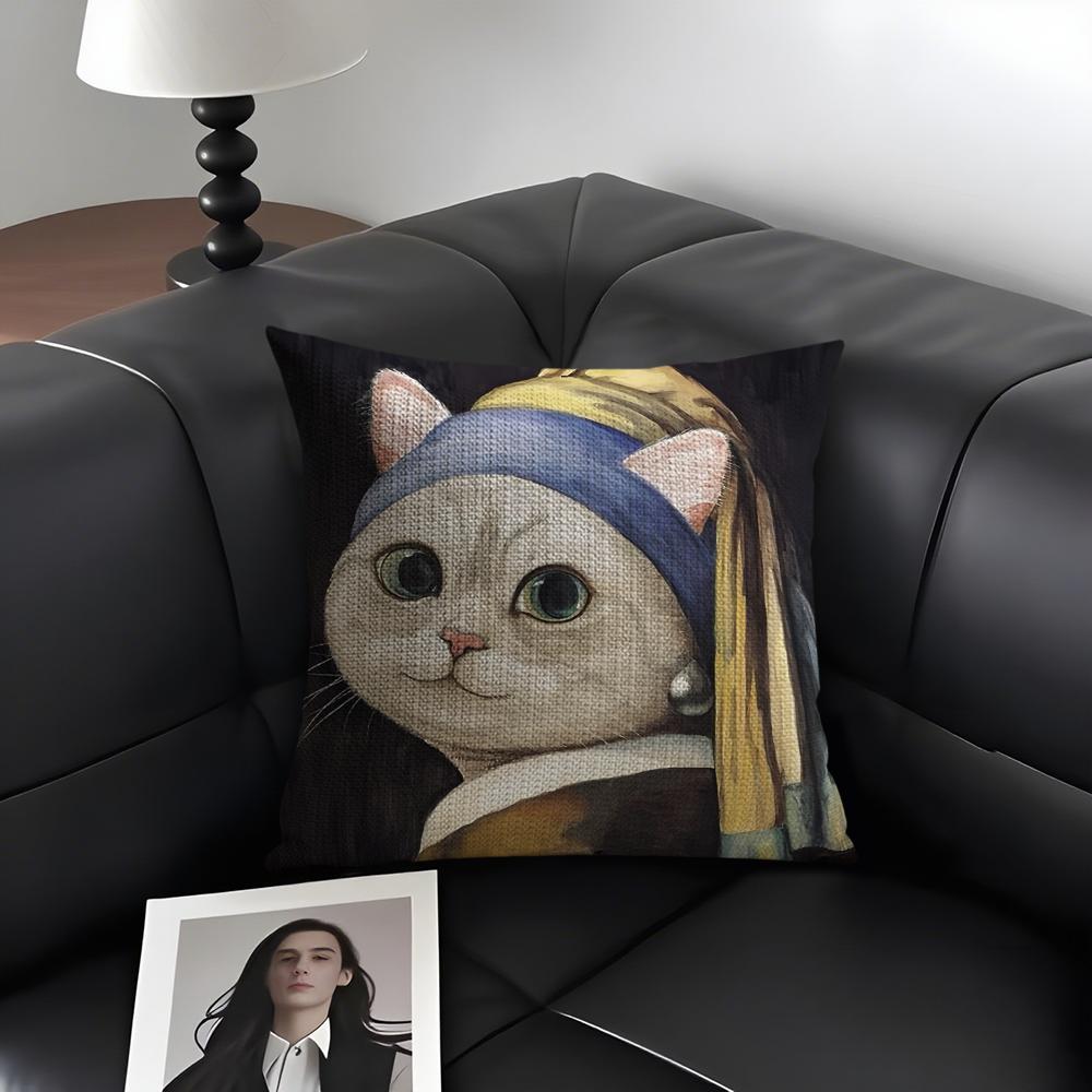 Art Cat Cute Cushion Cover Summer Breathable Linen Organic Fabric Double-Sided Printing Sofa Pillow Case Home Decor