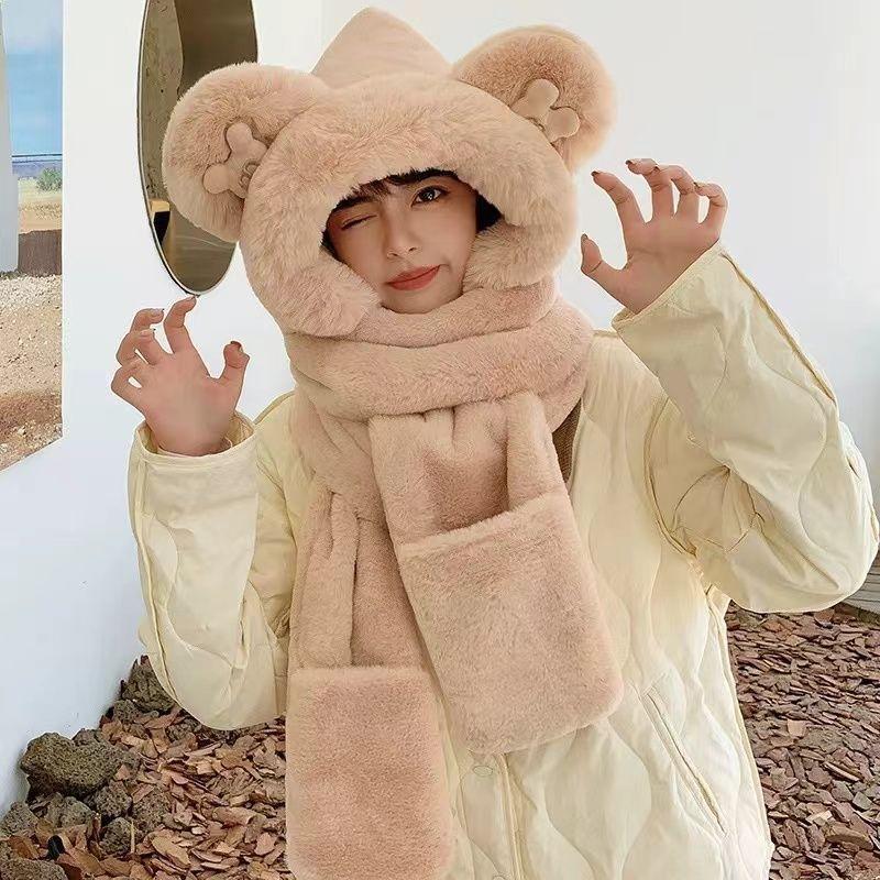 Bear hat women's winter three-piece set cute plush hooded scarf integrated warm versatile gloves ear protection scarf