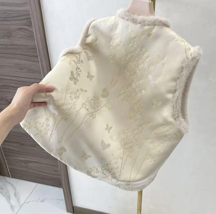 Women New Chinese Style Quilted Vest Stand Collar Floral Embroidery Faux Fur Trim Warm Sleeveless Waistcoat
